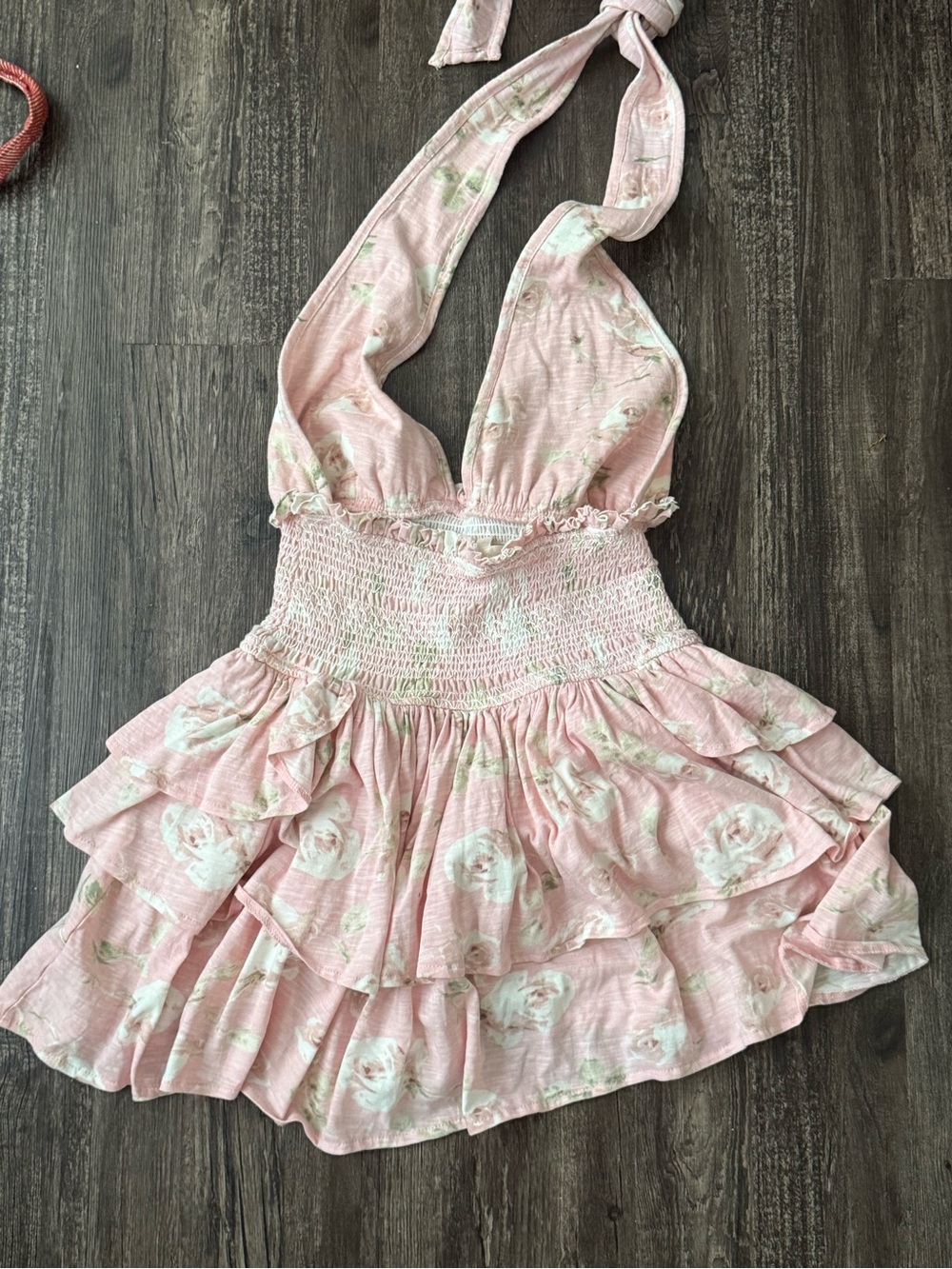 LoveShackFancy Pink Floral Halter Tiered Mini Dress Size: P - Picture 2 of 3
